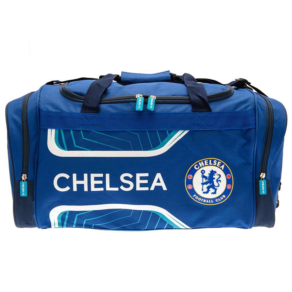 Chelsea Flash design holdall with Chelsea text, a white crest, zipped end pockets and a shoulder strap