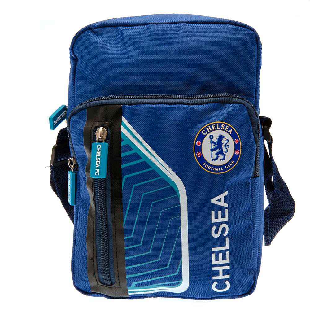 Chelsea FC Flash design shoulder bag with Chelsea text and club crest on the front and an adjustable strap
