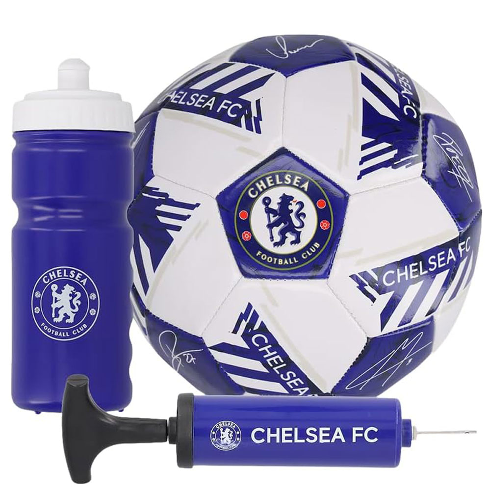 Chelsea FC football gift set with a size 5 football, 500ml water bottle and mini hand pump