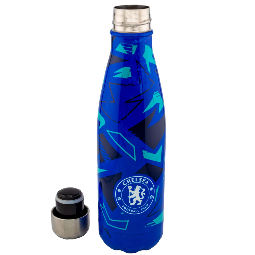Blue Chelsea FC thermal flask with a navy and mint green fragment pattern and the Chelsea crest