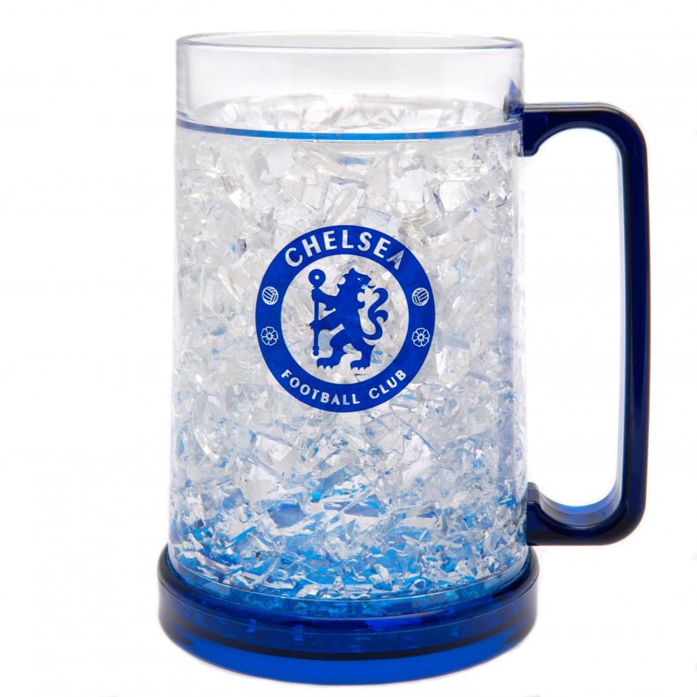Chelsea FC frosted freezer mug with a blue base, blue handle and the Chelsea FC club crest