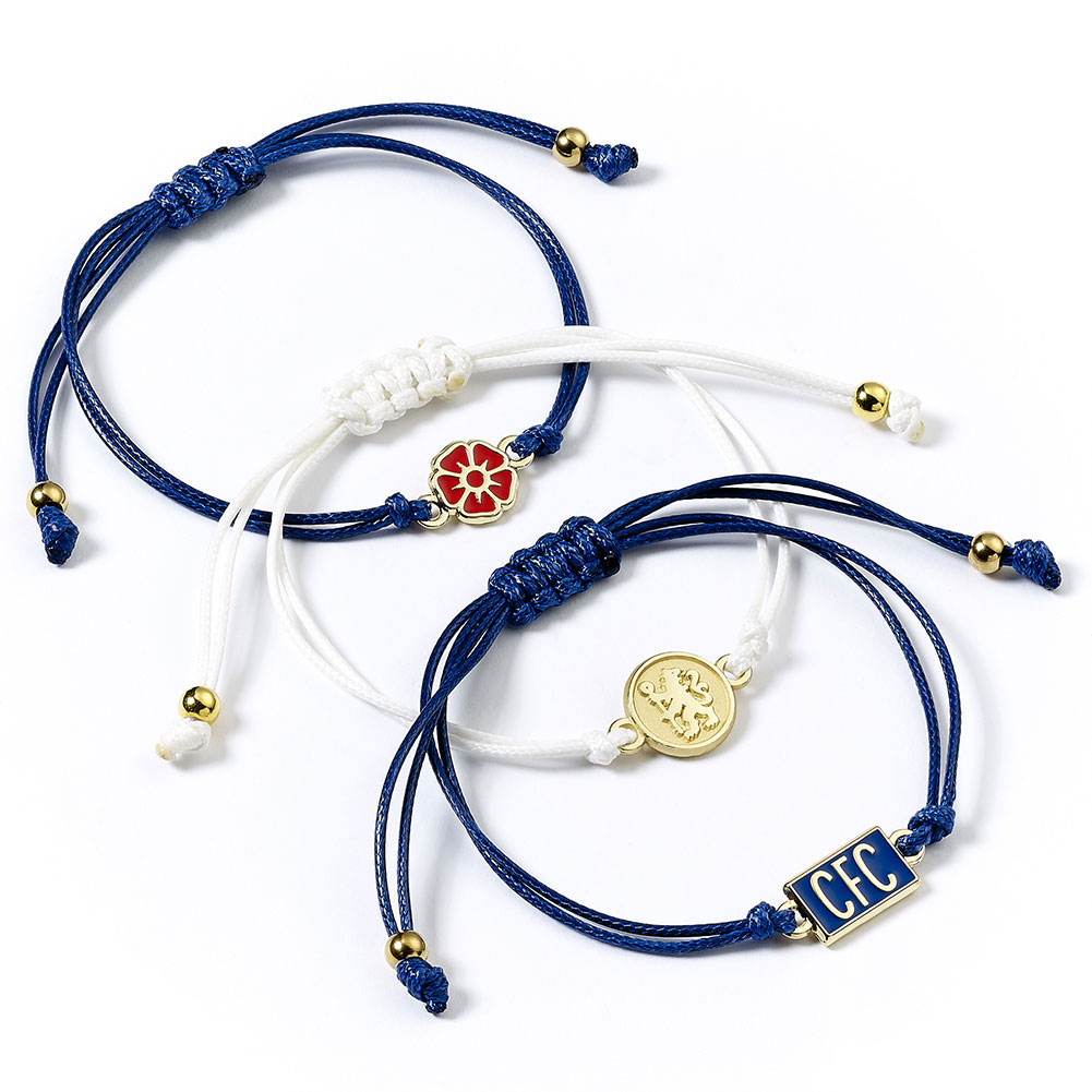 Set of three colourful Chelsea FC friendship bracelets, each with a bespoke Chelsea charm
