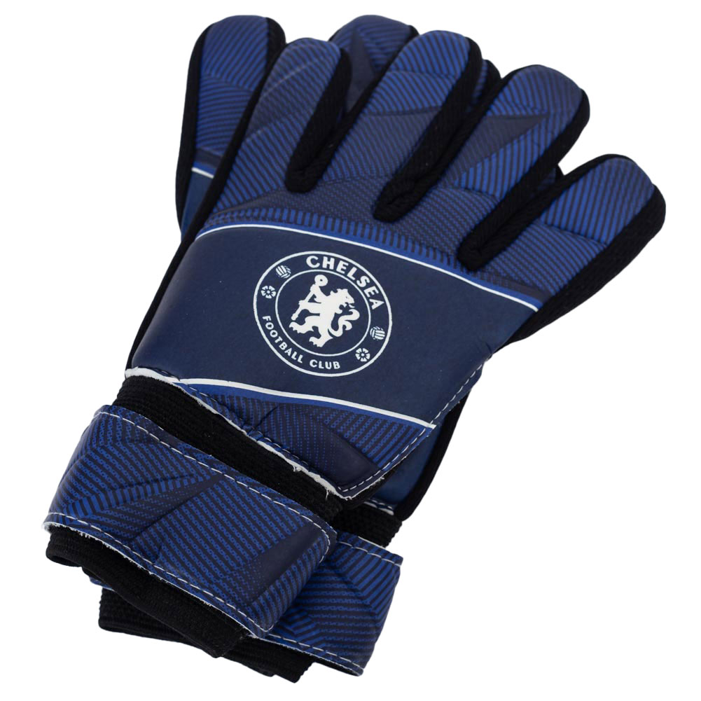 Chelsea FC Fuse youth goalkeeper gloves with a white Chelsea crest and elastic strap