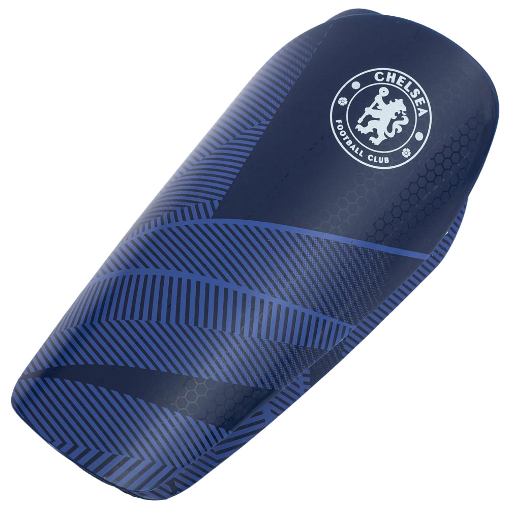 Blue Chelsea FC Fuse kids slip-in shin guards with a white Chelsea crest