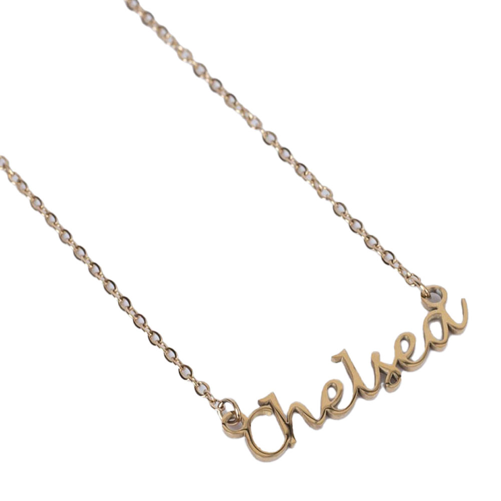 Chelsea FC gold plated necklace with a slim tag spelling the word Chelsea