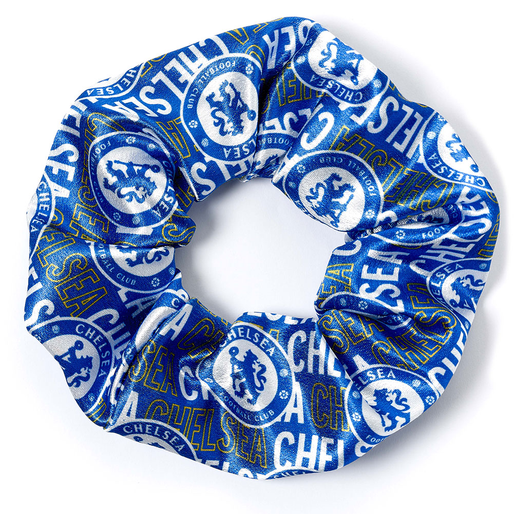 Colourful Chelsea FC satin hair scrunchie featuring Chelsea club icons and text