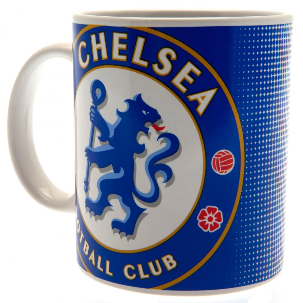 Chelsea FC ceramic mug with a halftone design featuring a full colour Chelsea club crest