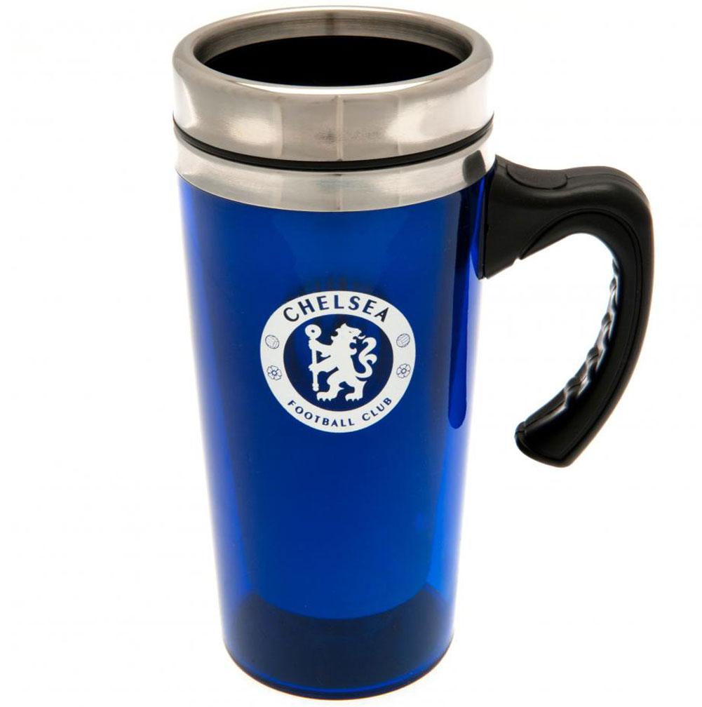 Royal blue translucent Chelsea FC stainless steel travel mug with a printed crest and ergonomic handle