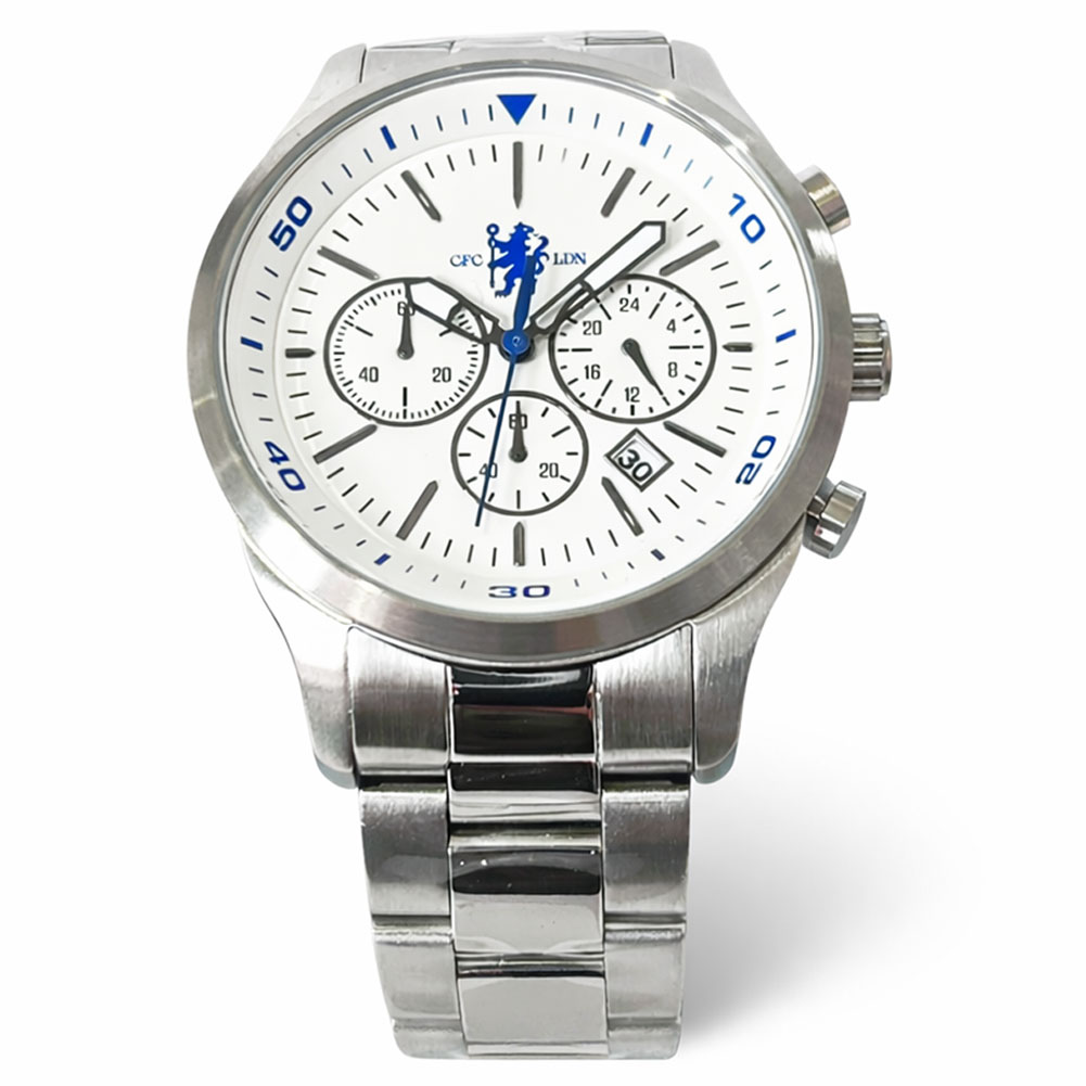 Chelsea FC mens white chronograph watch with a silver case, steel bracelet and blue crest on the face