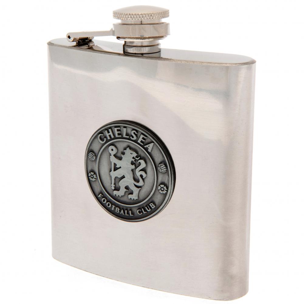 Chelsea 6oz stainless steel hip flask with an antique badge and a presentation box