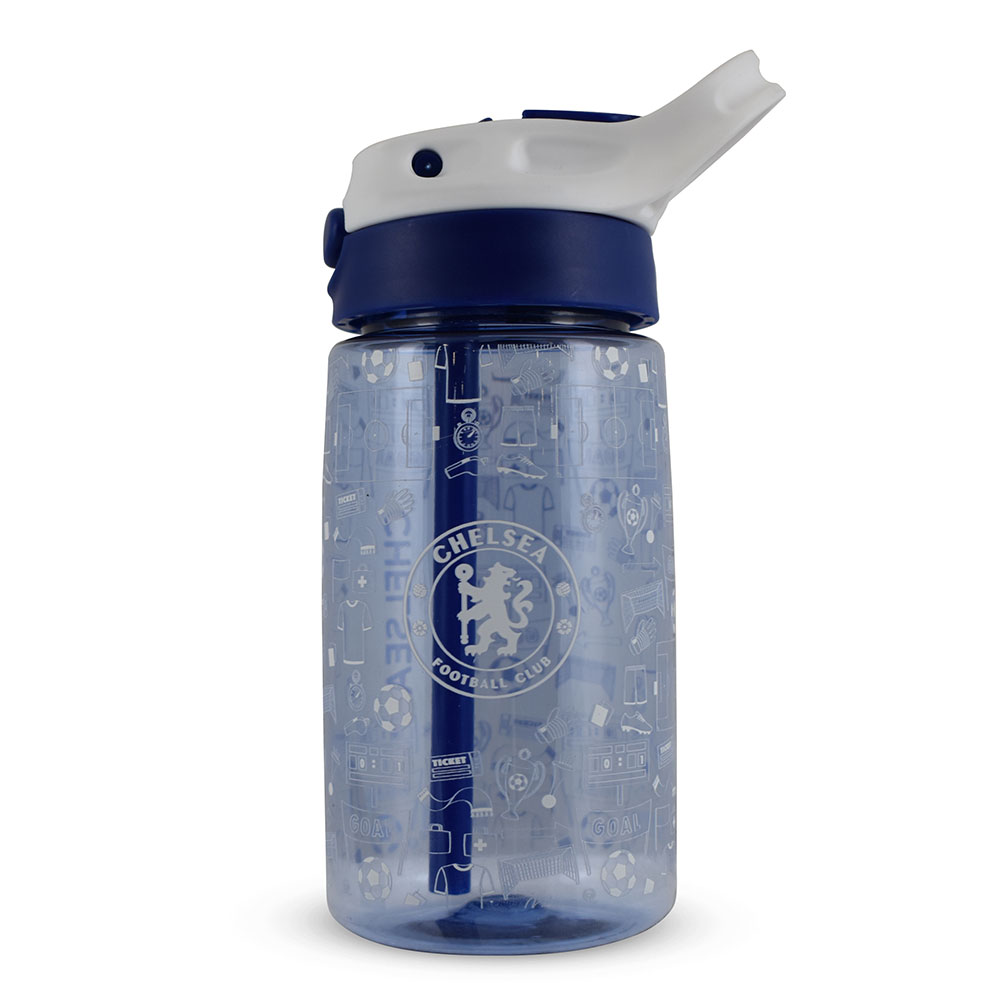 Vibrant blue Chelsea FC kids water bottle with a white Chelsea crest and fun icon design