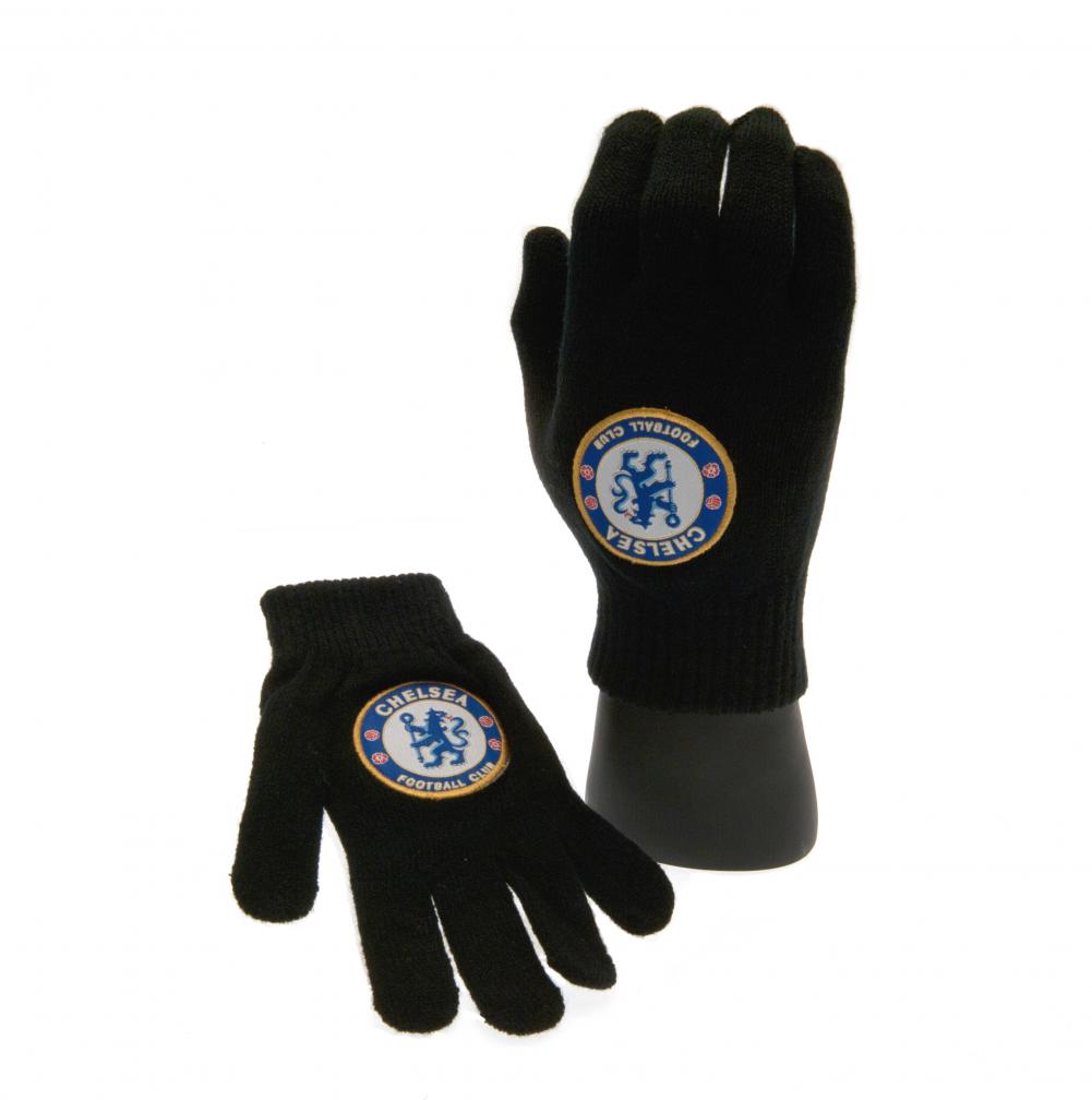 Pair of Chelsea FC children's black knitted gloves with a full colour Chelsea crest