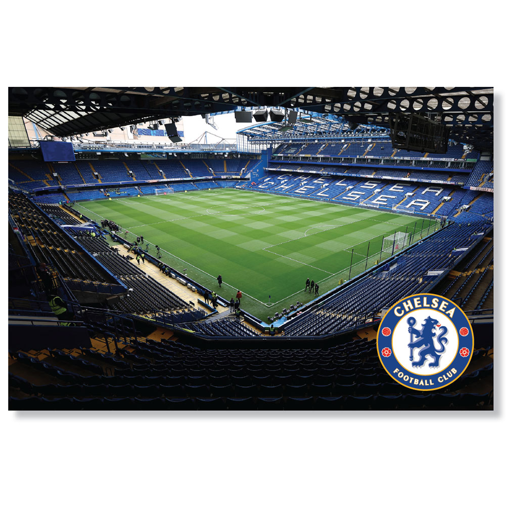 Chelsea FC landscape LED sign with a picture of Stamford Bridge Stadium in a brushed aluminium frame