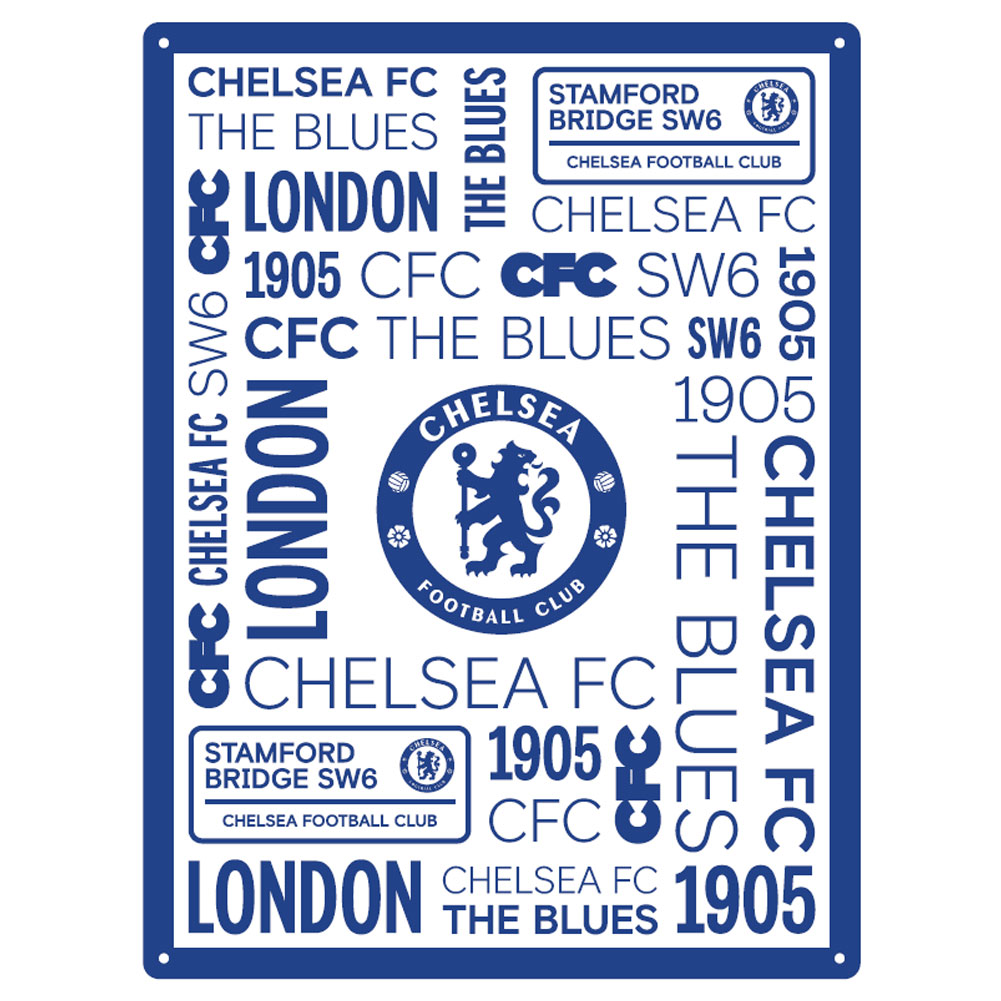 Chelsea FC large stamped metal wall sign with a montage of team slogans