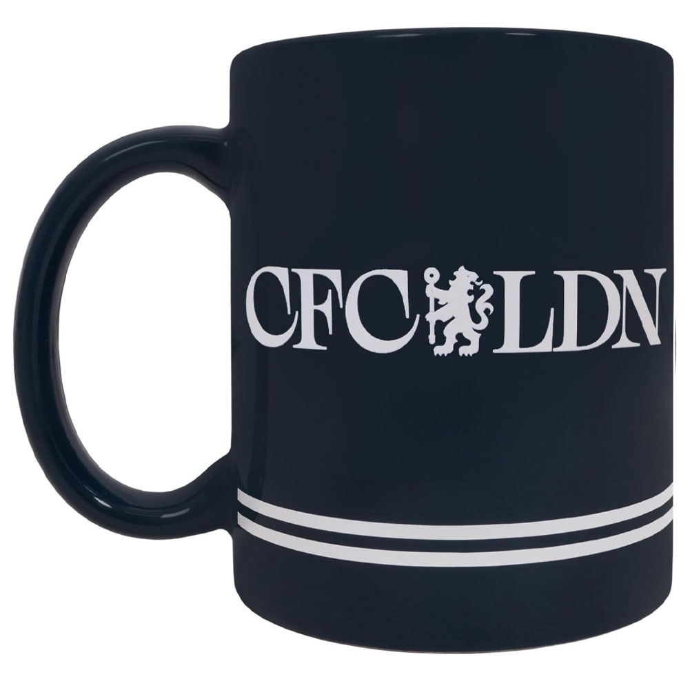 Navy Chelsea FC ceramic mug with a white Lion crest, CFC LDN text and a navy handle