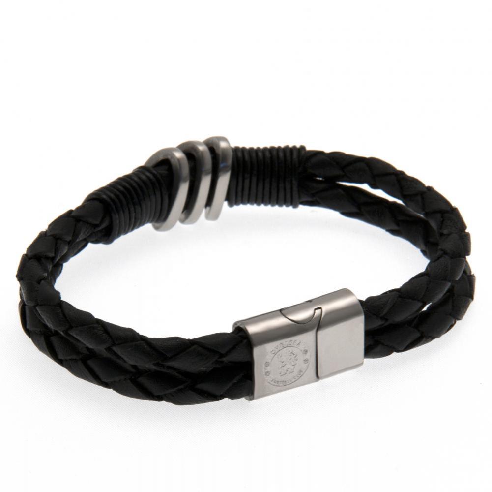 Chelsea FC black twin rope leather bracelet with a stainless steel magnetic clasp and engraved crest