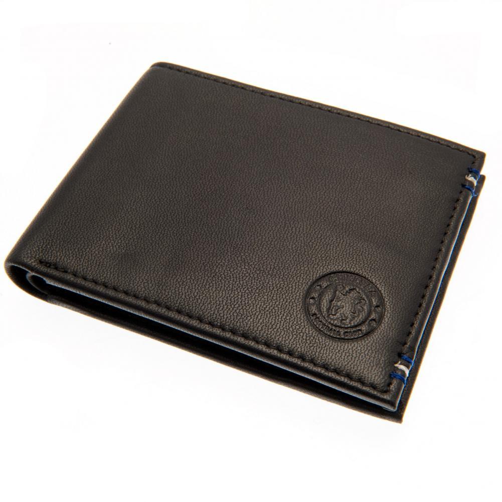 Chelsea FC leather wallet with blue and white stitching detail and an embossed club crest
