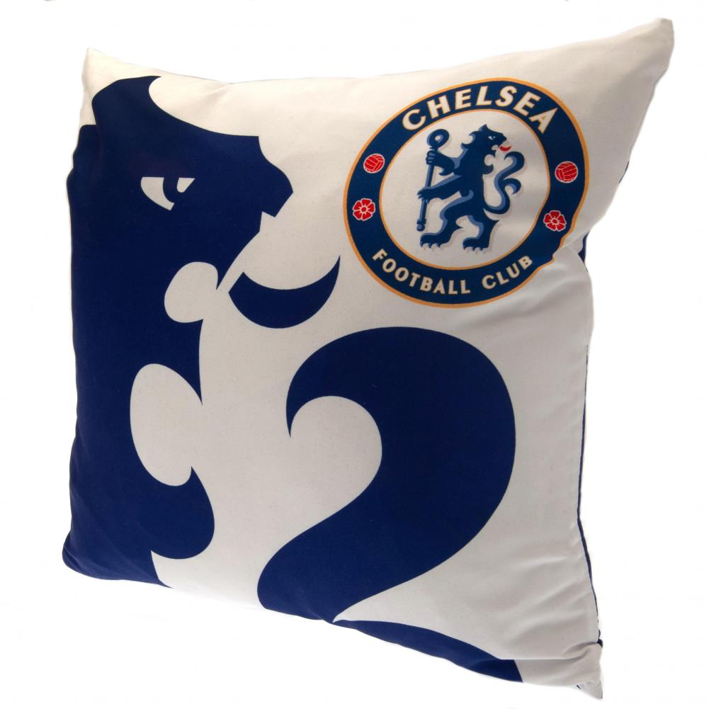 White Chelsea FC cushion featuring a full colour Chelsea club crest and a large lion detail