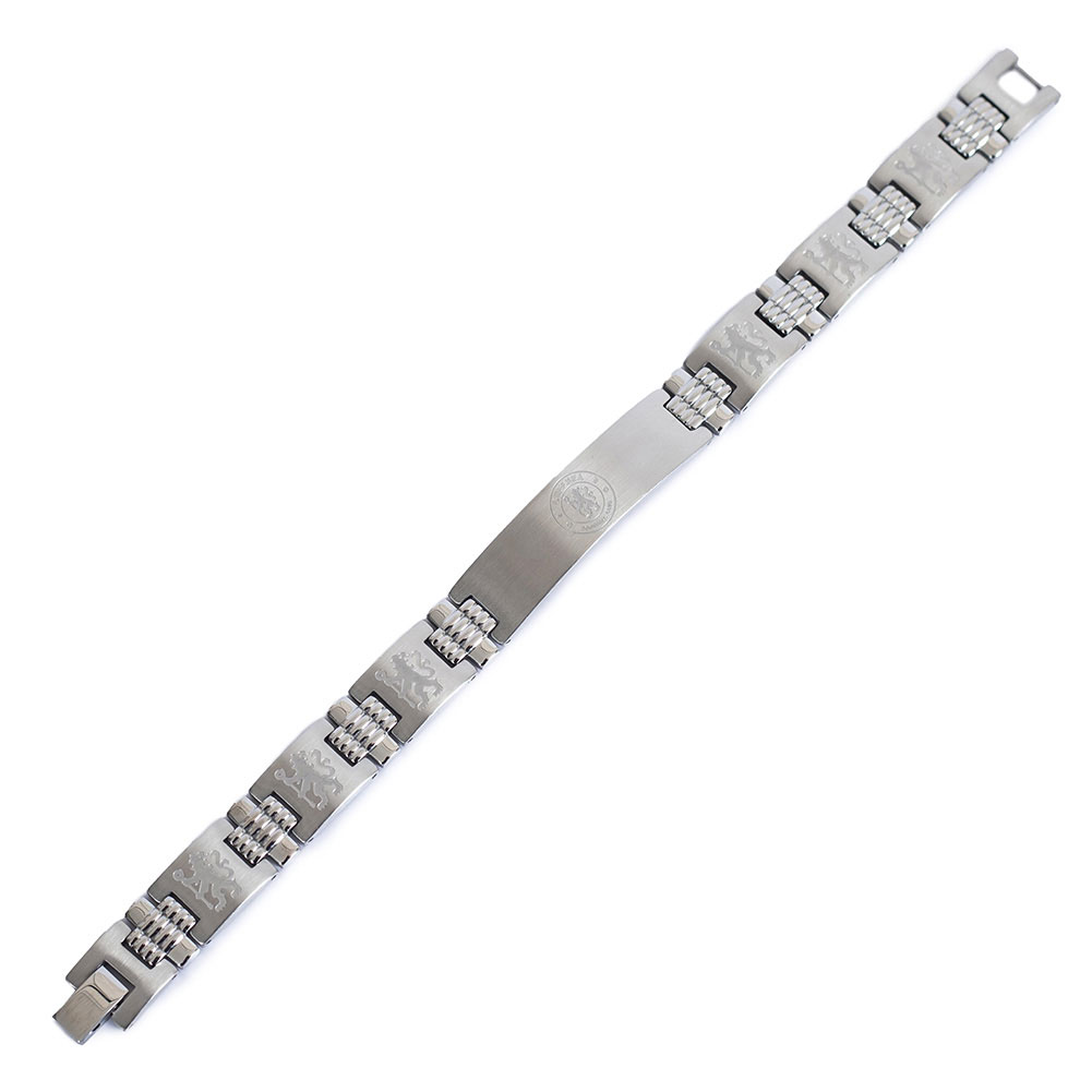 Chelsea FC brushed stainless steel link bracelet with an engraved lion on each link and a centre crest