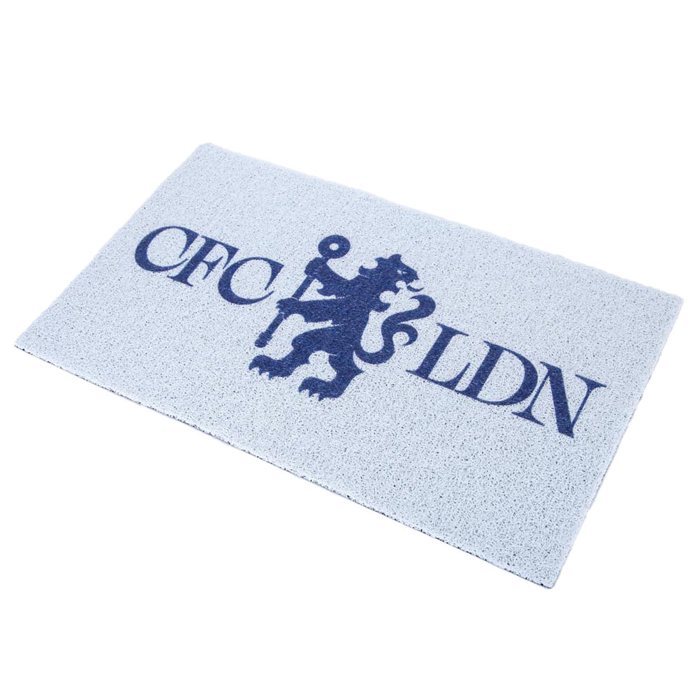 White heavy duty printed PVC Chelsea FC doormat featuring a blue Lion crest