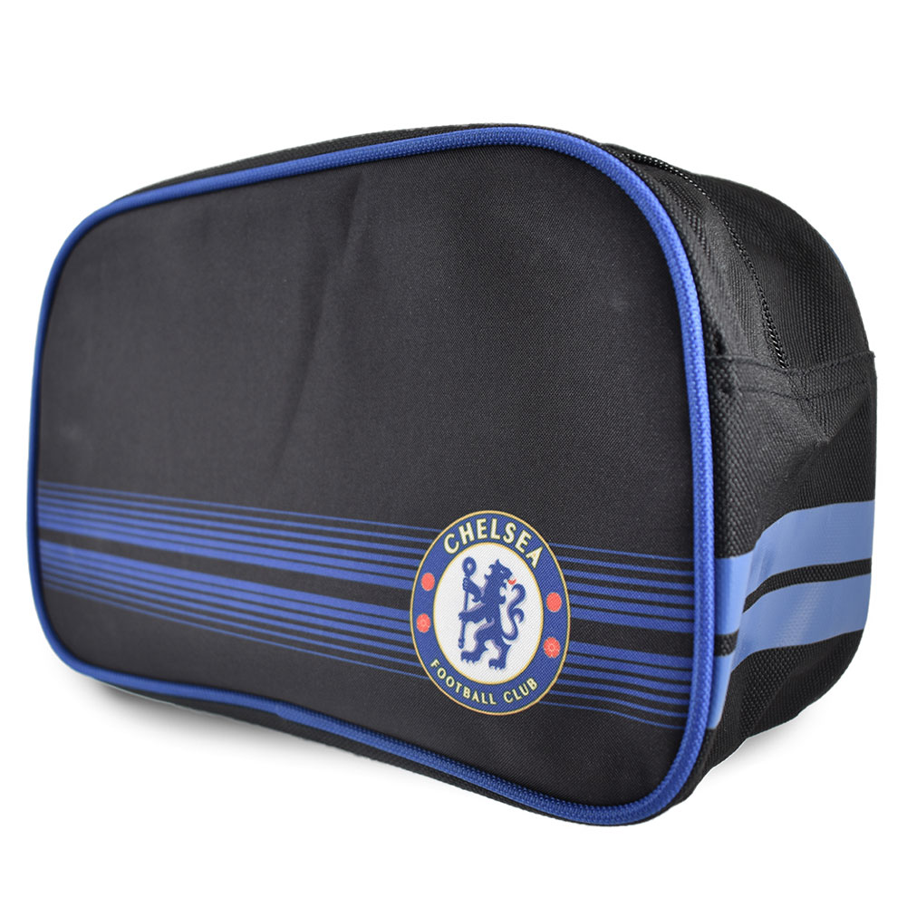 Striped Chelsea FC toiletry wash bag with a club crest and rubber zip pulls with raised Chelsea detail