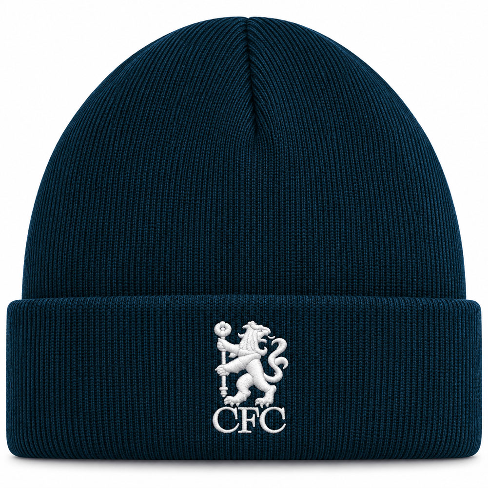 Chelsea FC midnight blue knitted cuff beanie with a full colour embroidered club crest