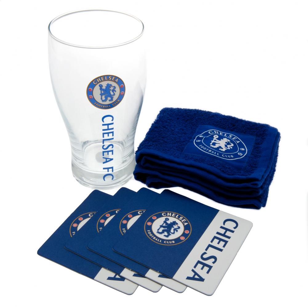 Chelsea FC mini bar set with a blue text tulip pint glass, blue bar towel and four crested beer mats