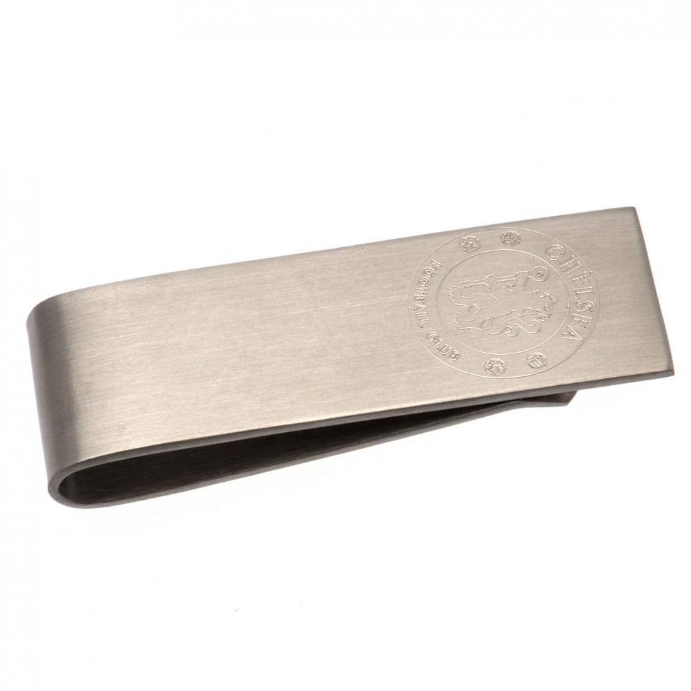 Chelsea FC stainless steel money clip with a brushed satin finish and an engraved Chelsea crest