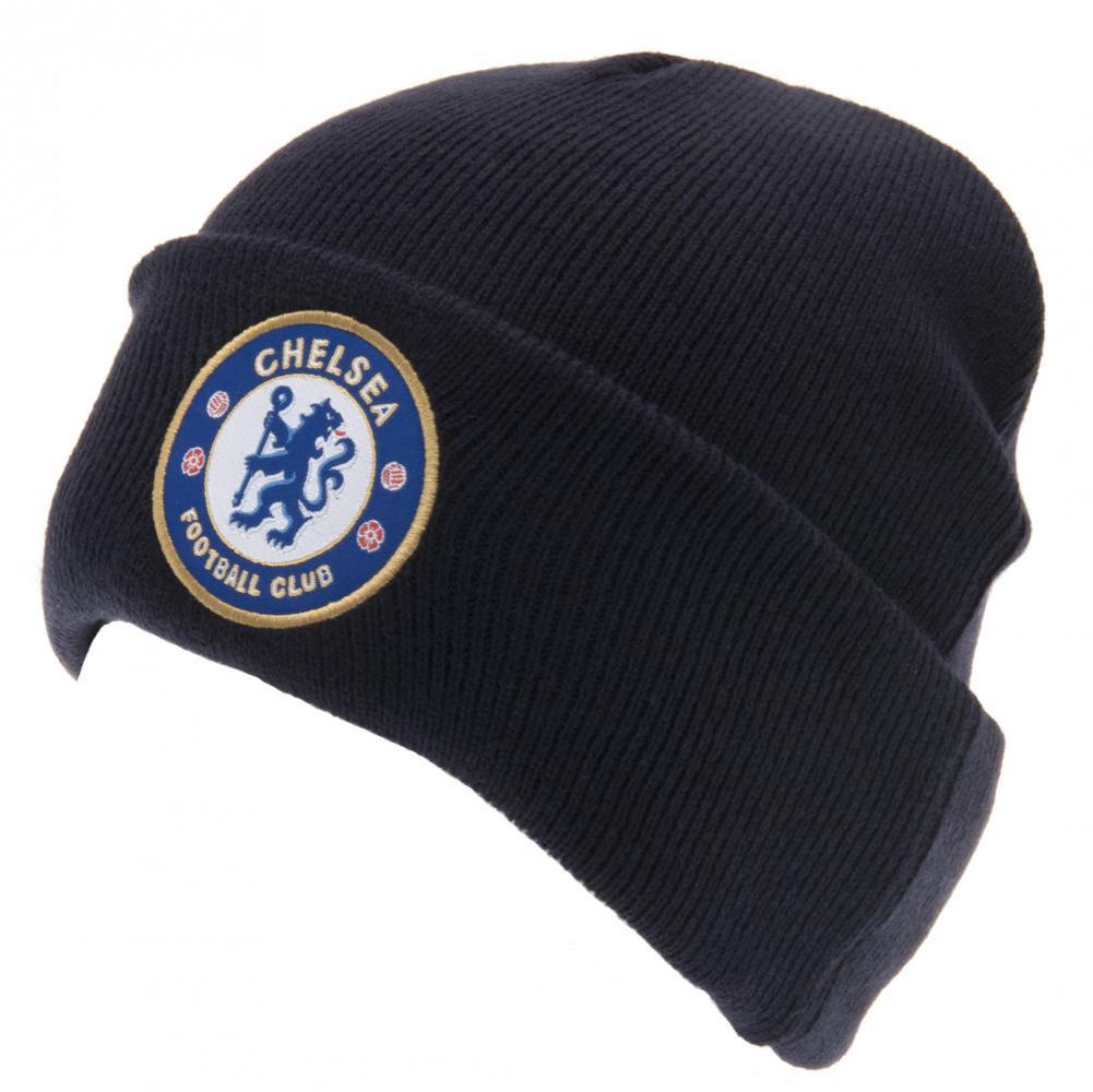 Chelsea FC navy blue knitted cuff beanie with a full colour embroidered club crest