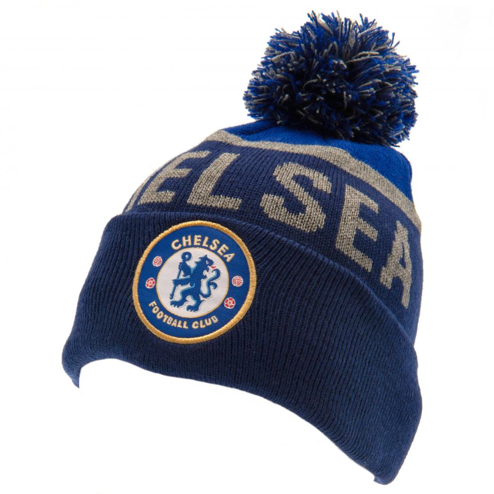 Chelsea FC navy and royal cuff knit bobble hat with grey marl stripe, three colour bobble and woven crest