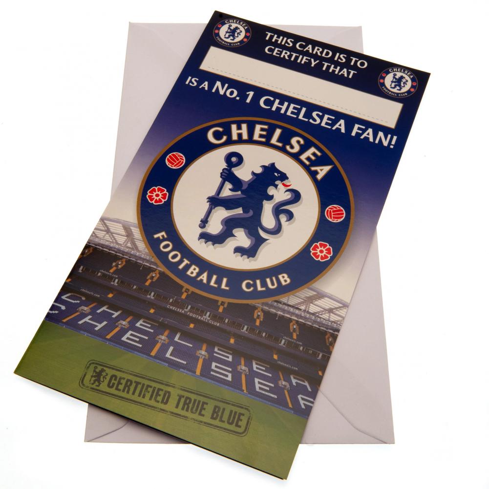 Chelsea FC colourful gloss No. 1 Fan birthday card with a large club crest and space for a name