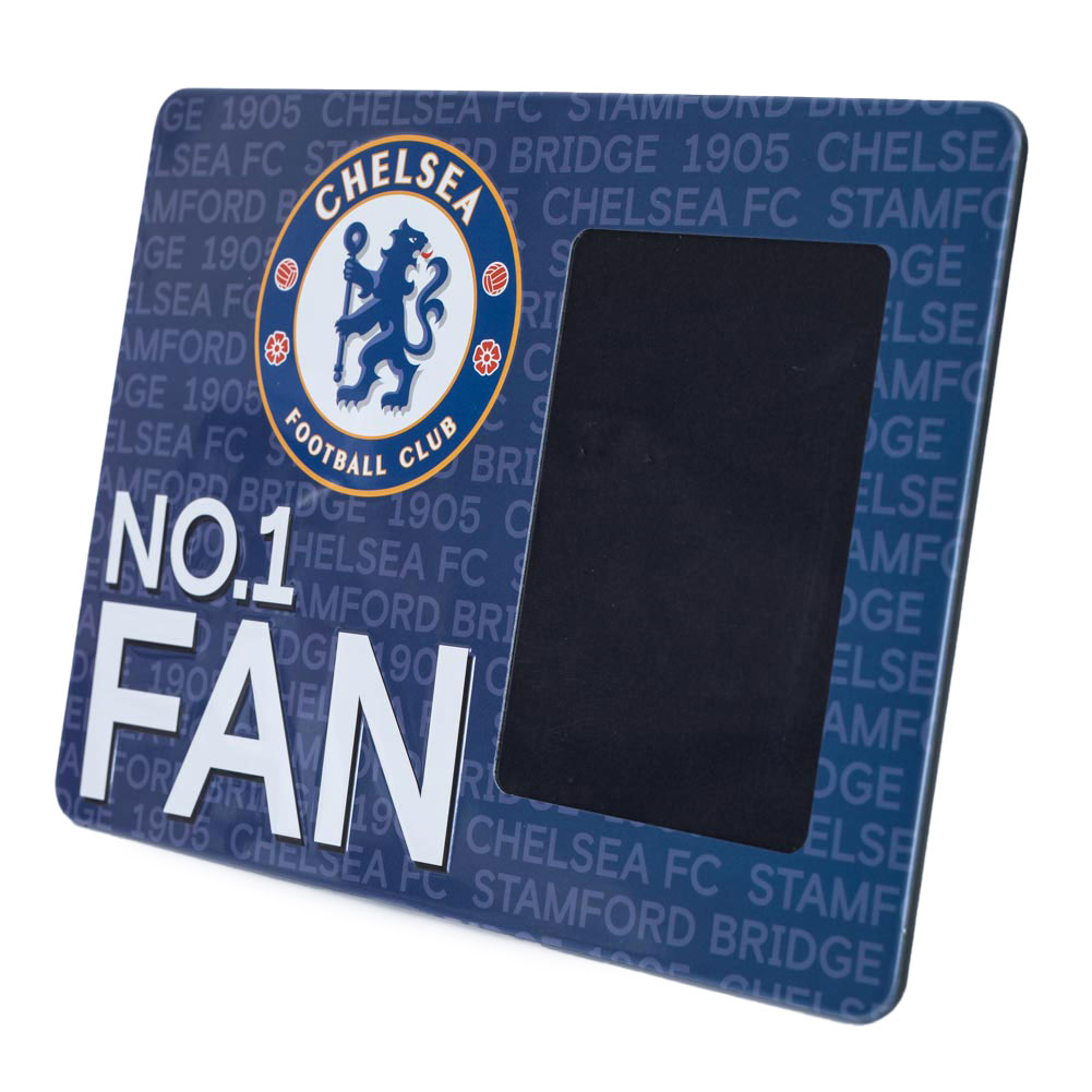 Chelsea FC metal photo frame sign with the full colour crest, No.1 FAN text and a portrait photo area
