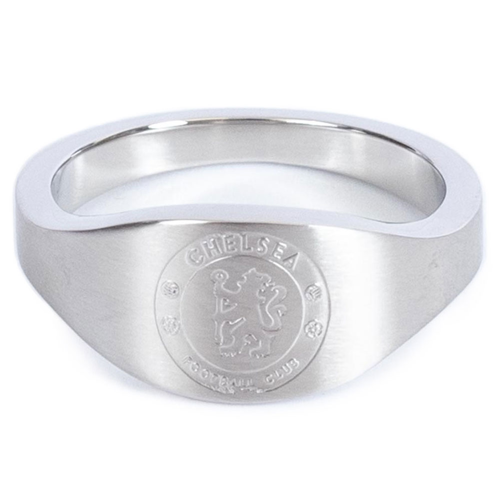 Chelsea FC stainless steel oval design ring in a brushed satin finish, engraved with the Chelsea crest