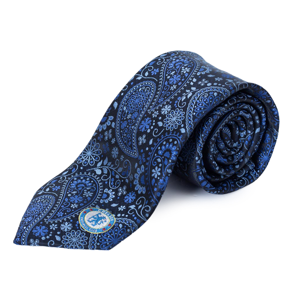 Navy paisley Chelsea FC tie with a small Chelsea crest at the bottom