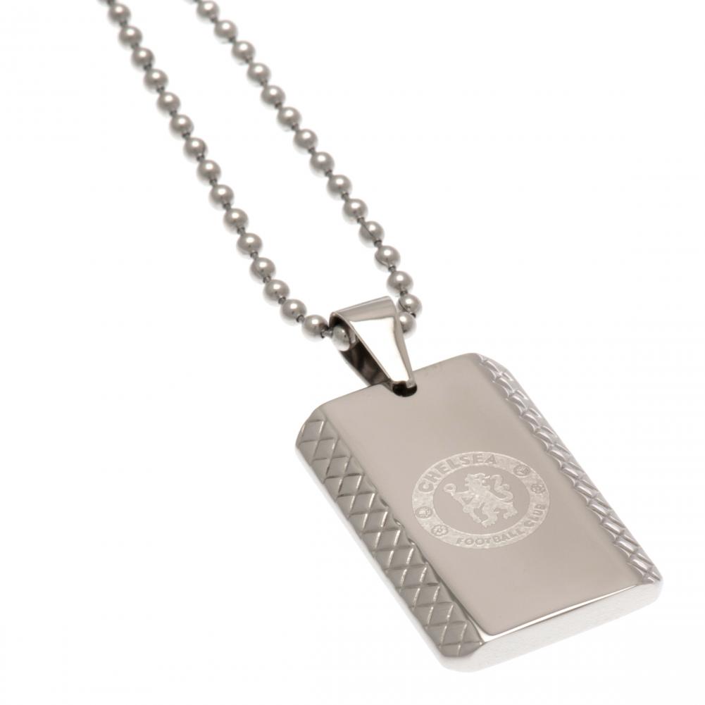 Chelsea FC patterned bevel edge stainless steel dog tag engraved with the Chelsea crest on a ball chain