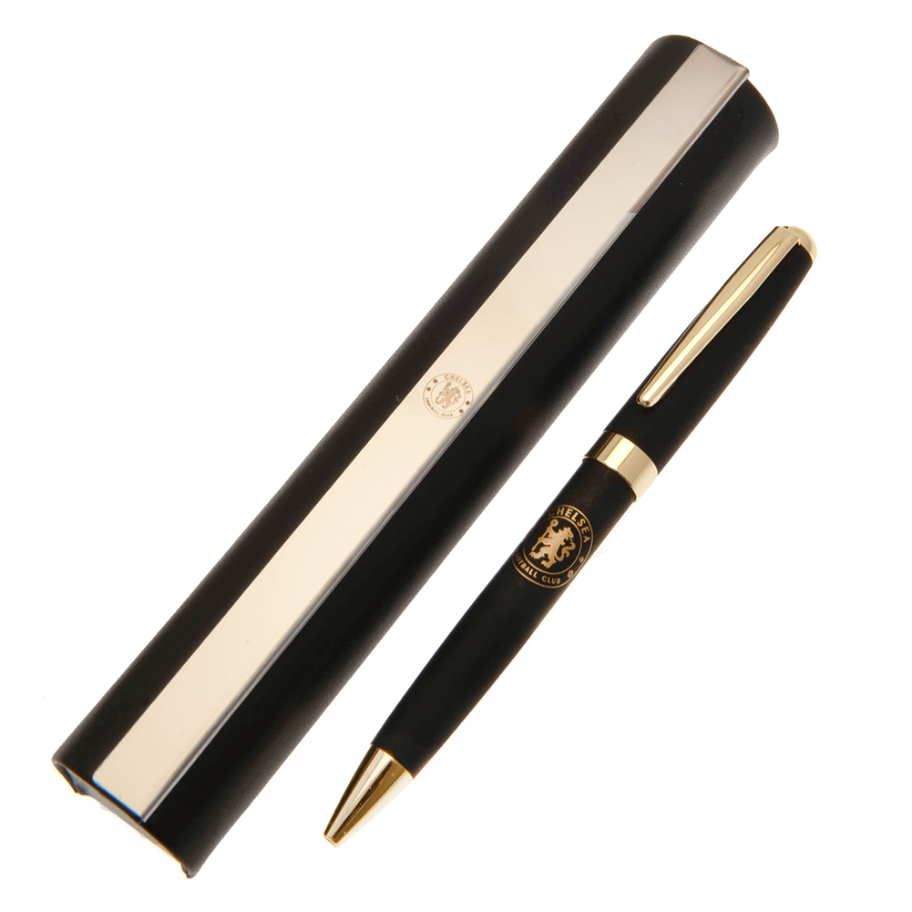 Chelsea FC matte black metal ballpoint pen with gold foil crest detail and a lined roll case