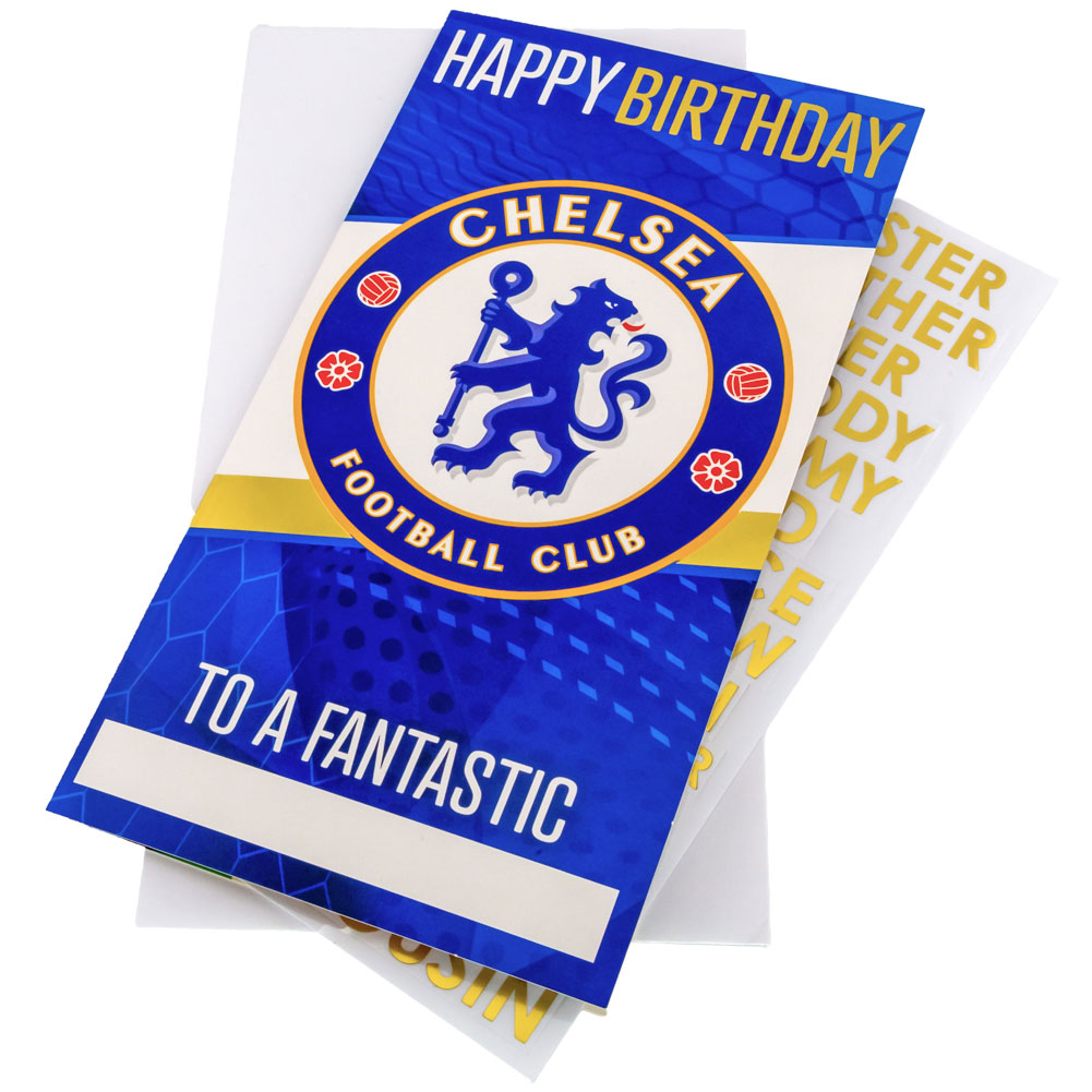 Chelsea FC blue and white gloss birthday card with a large Chelsea FC crest and family relation stickers