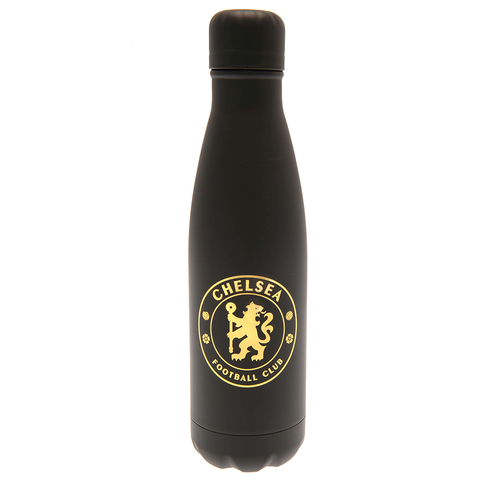 Black Chelsea FC executive thermal flask with a gold Chelsea crest and text