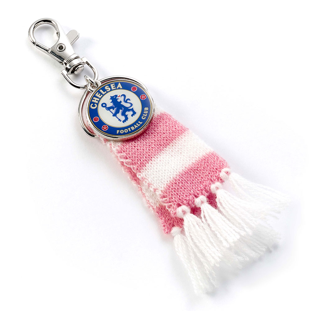 Chelsea FC pink and white bar scarf bag charm with full colour crest charm and lobster claw clasp