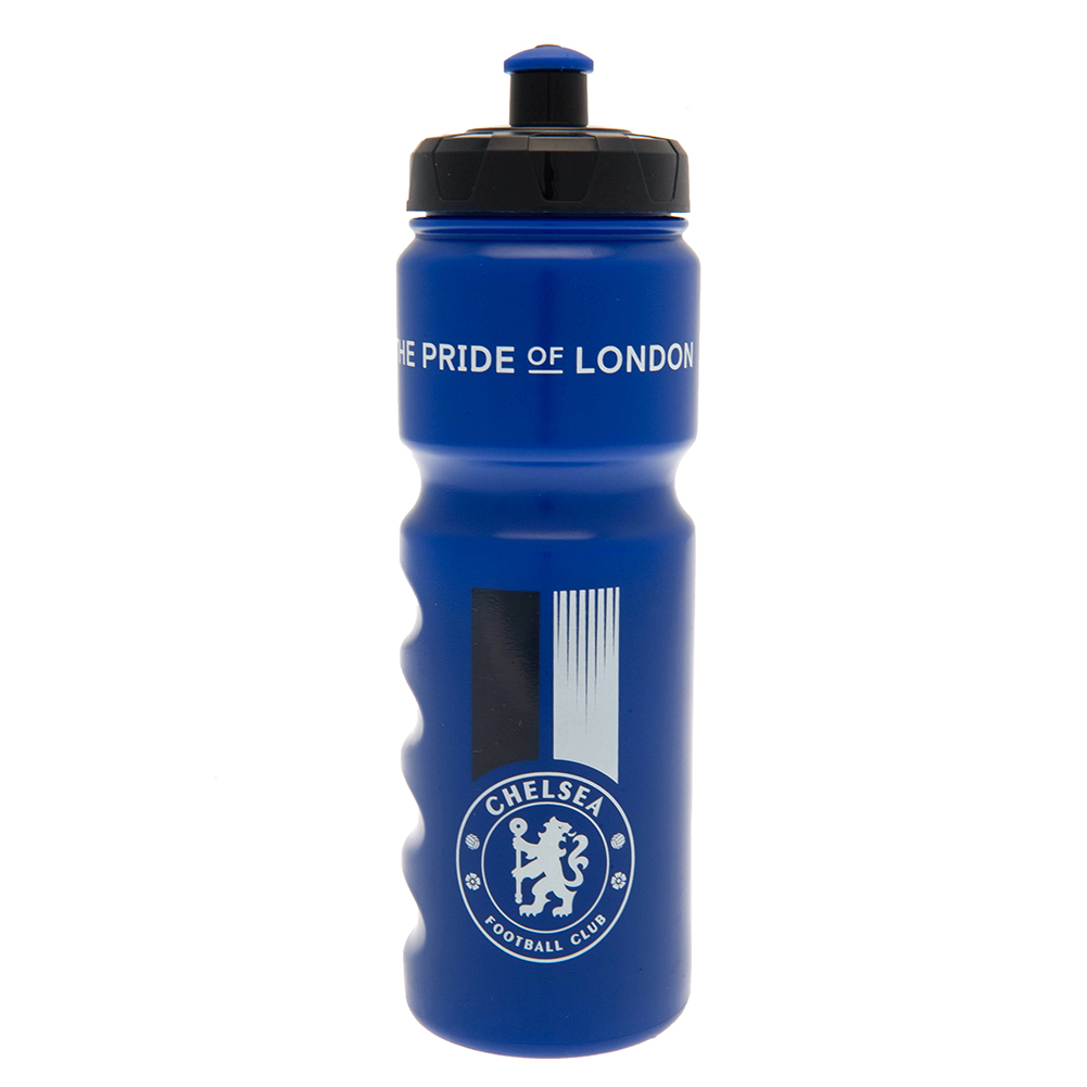 Blue stripe Chelsea FC plastic drinks bottle with a white Chelsea crest and Pride of London text