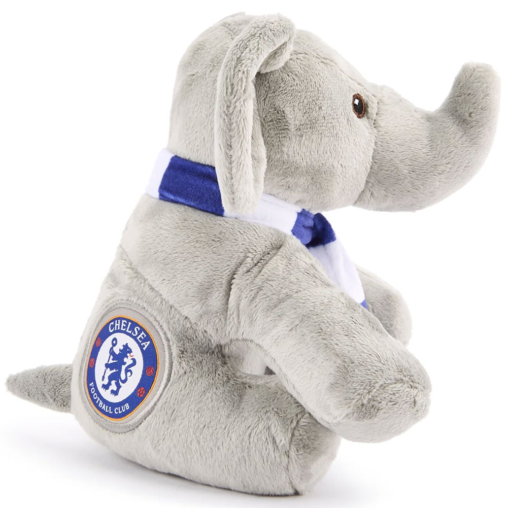 Chelsea FC freestanding plush elephant with a woven Chelsea crest on the side and a team colour bar scarf
