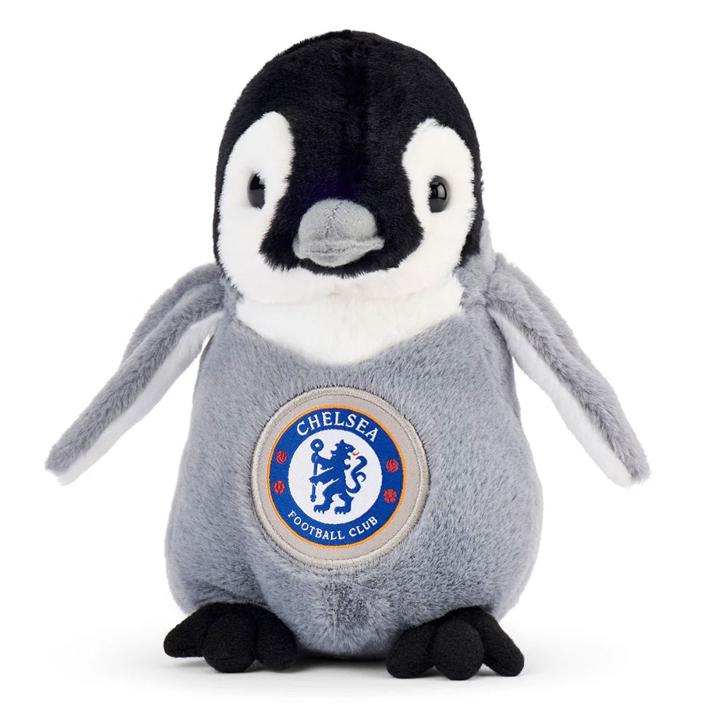 Chelsea FC freestanding plush penguin with a woven Chelsea crest on the front
