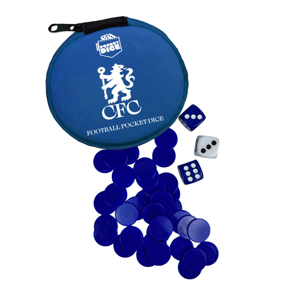 Chelsea FC pocket dice game in a small travel case with a Chelsea crest