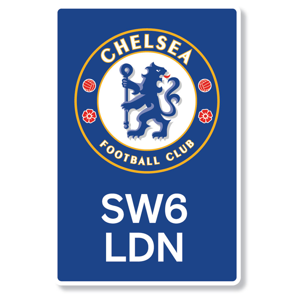 Chelsea FC portrait LED sign with a large Chelsea crest and SW6 LDN text in a brushed aluminium frame