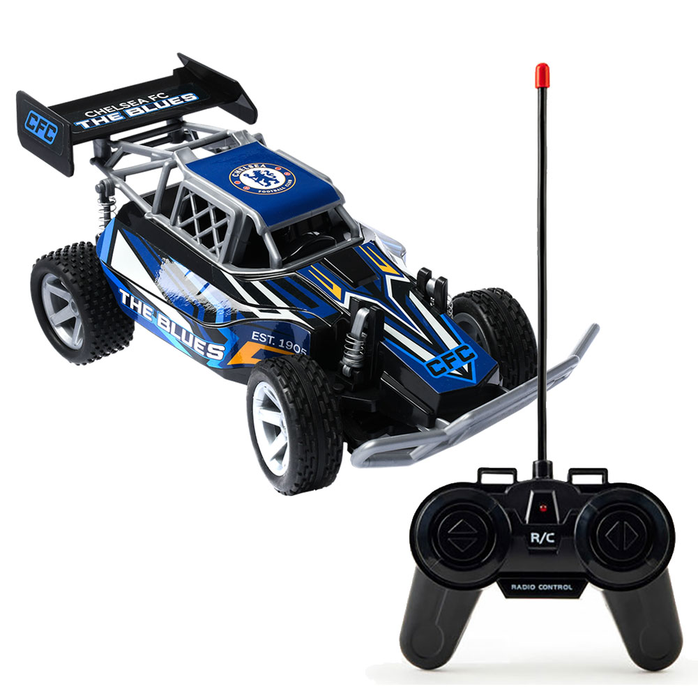 Chelsea FC 1:18 scale remote control speed buggy with The Blues branding down each side, in a display box