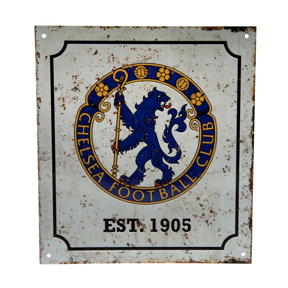 Chelsea FC vintage look stamped metal wall sign with a full colour retro Chelsea crest and established date