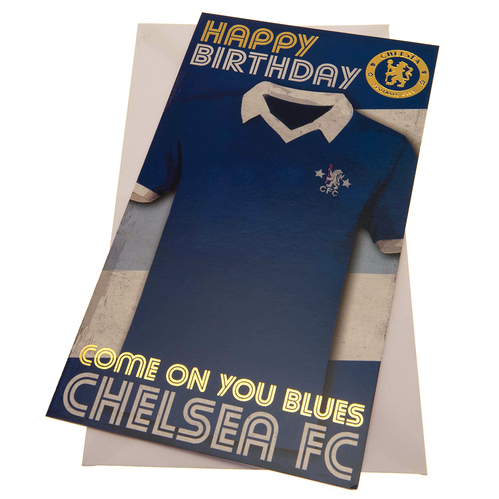 Chelsea FC blue and white gloss birthday card with a large retro style Chelsea shirt on the front