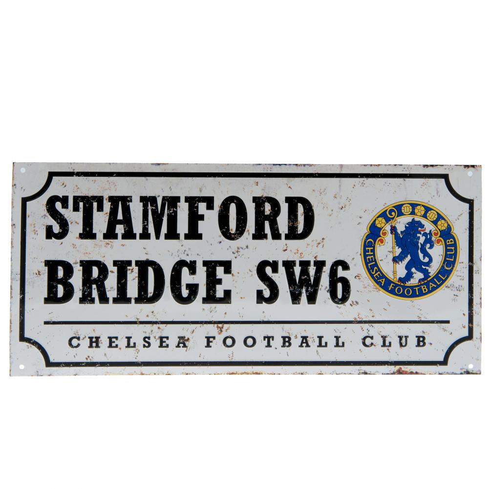 Chelsea FC retro style Stamford Bridge road sign in gloss stamped metal on a rustic look background