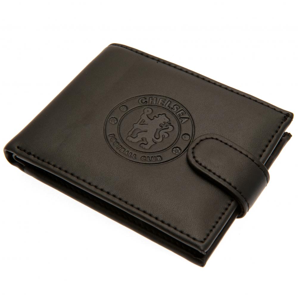 Black Chelsea FC leather wallet with a large debossed club crest and stud fastener