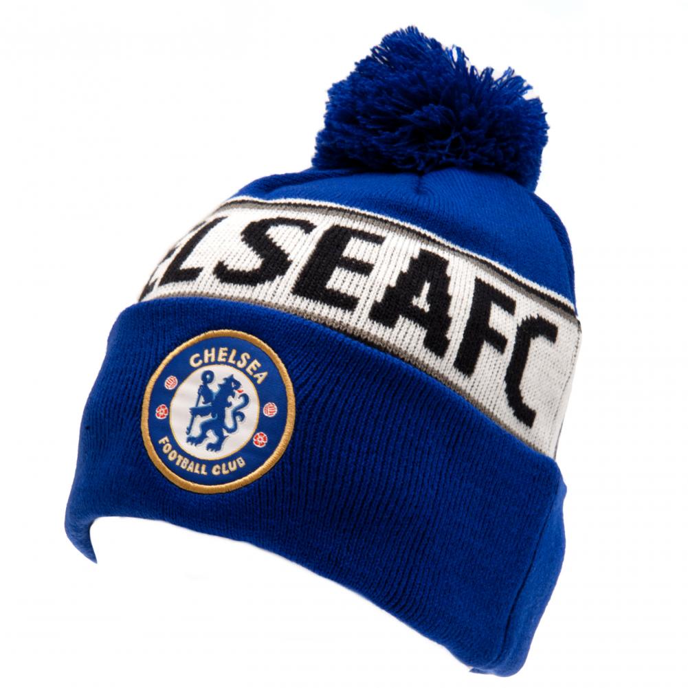 Chelsea FC royal blue cuff knit bobble hat with navy and white stripes, blue bobble and jacquard text